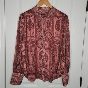 New Ann Taylor Chiffon Paisley Blouse XXL Pink Shimmer Mock Neck Lined Workwear